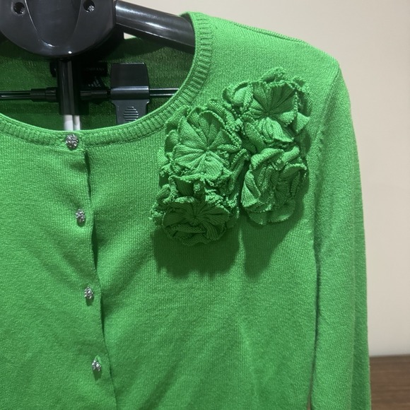 Green Cardigan Sweater Floral Appliqué Rhinestone Buttons Large Romantic Preppy - Picture 2 of 8